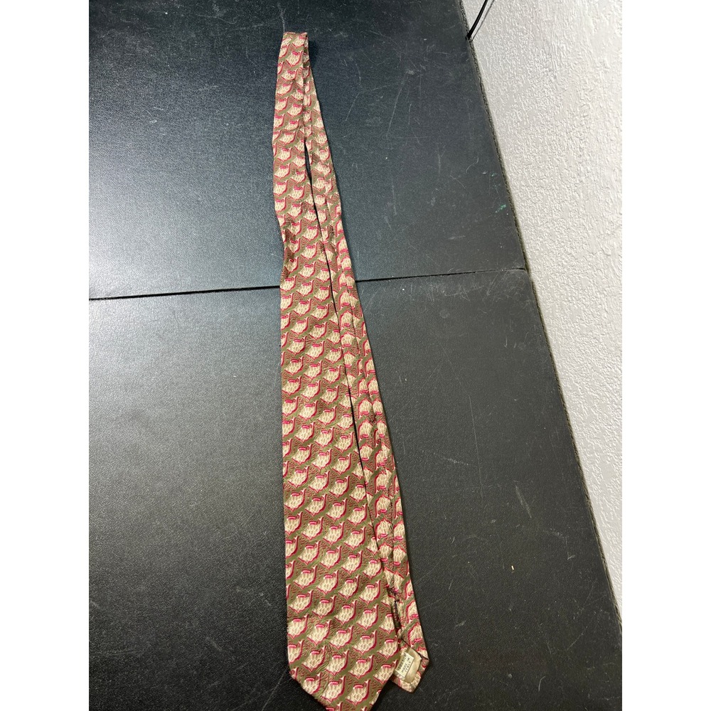 Christopher Hayes Mens Silk Tie Olive Green Red Fish Novelty Pattern Made Italy